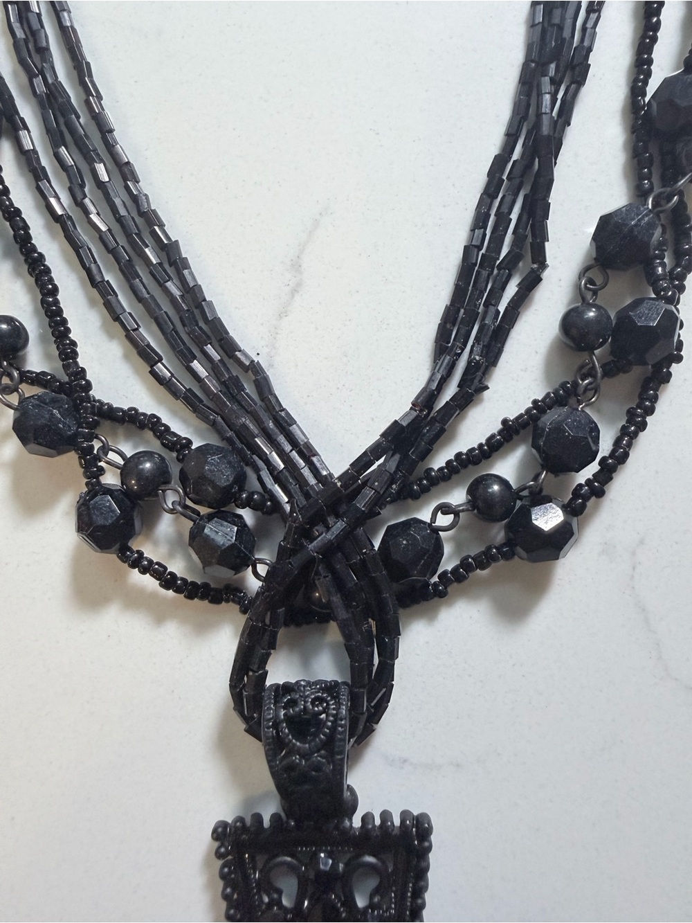 Jessica Simpson Gothic Multi-Strand Black Beaded Cross Necklace - Picture 7 of 8